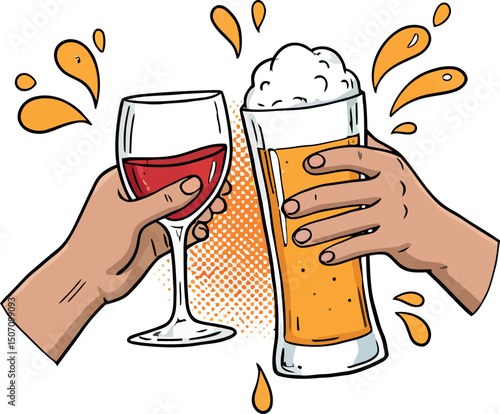 Cheers with wine and beer glasses in hand-drawn celebration art. Vector illustration