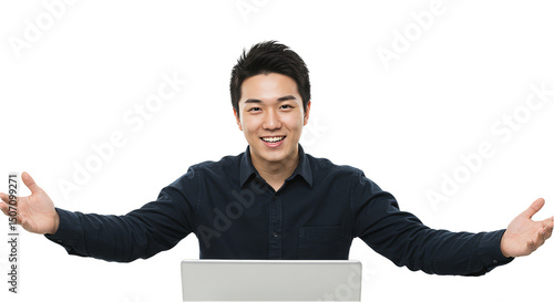 Portrait Of Cheerful Asian Man With Open Arms Behind Laptop Isolated