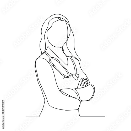 Continuous line drawing of woman doctor with stethoscope and medical uniform. One line sketch editable stroke of health care concept. Vector illustration