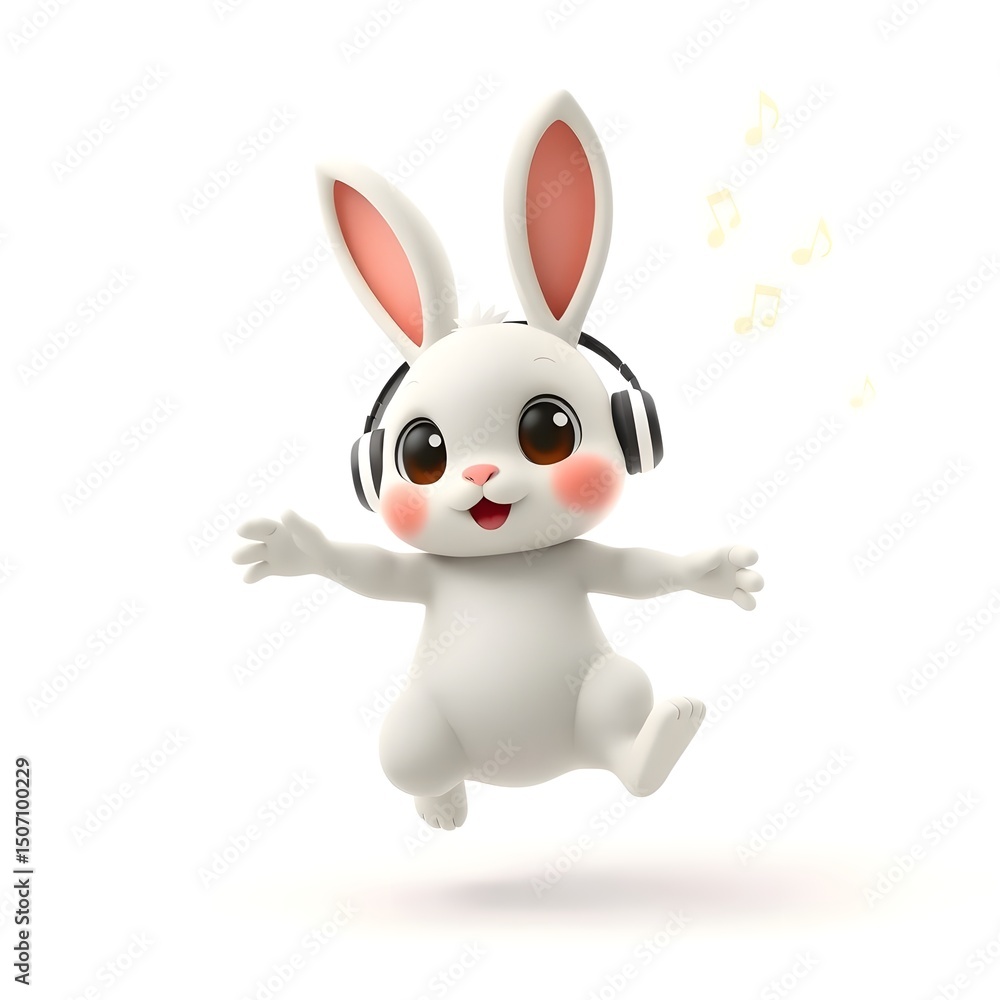 Fototapeta premium A Bunny Tossing Glowing Earbuds into the Air to Release Music
