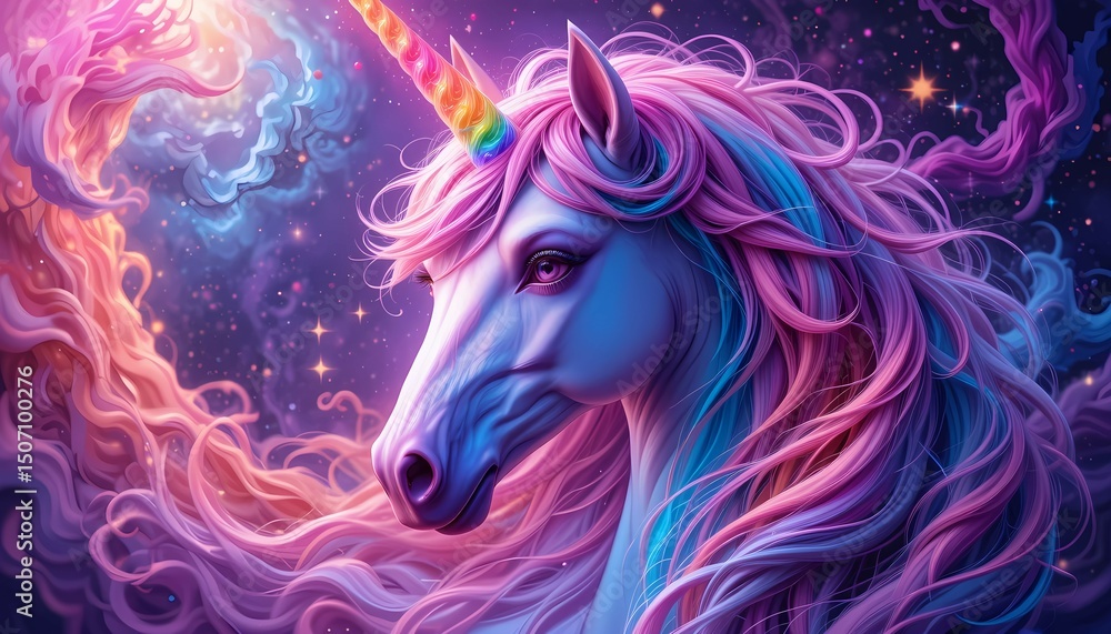 Cabeza de unicornio mágico en paisaje galáctico de fantasía Cabeza de unicornio mágico en paisaje galáctico de fantasía