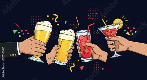 Cheers with diverse drinks: beer and cocktails for celebrations and social gatherings. Vector illustration