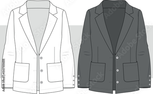 Men's Blazer Jacket suit fashion technical drawing, flat sketch, illustration, vector. Front view. Cad, Mockup. 