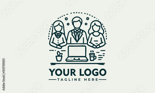 Minimalist line art of three people having a discussion around a table, collaborative meeting or teamwork concept
