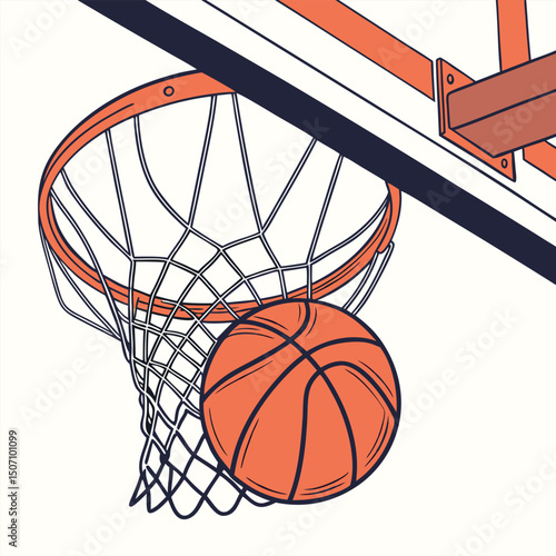 A basketball ball in a hoop with code isolated