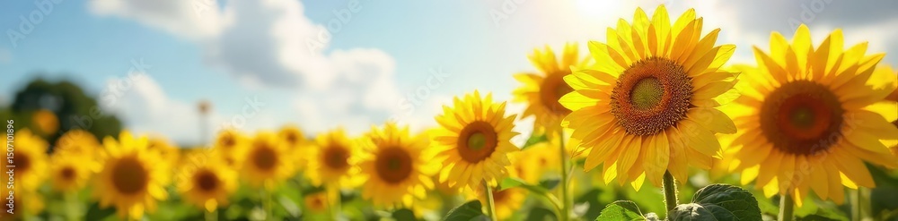 Obraz premium Vibrant sunflowers bask in the warm sunlight, their golden petals reaching for the sky A picturesque scene of summer joy and natural beauty , sunlight, landscape, sunny day