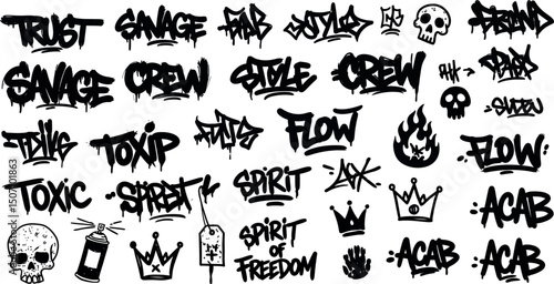 Creative graffiti elements with urban style tags, skulls, and crowns for street art projects. Vector illustration