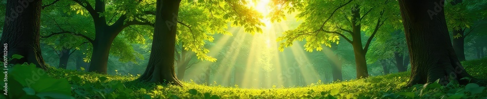 Fototapeta premium Vibrant sunbeams stream through gaps in a leafy canopy, creating a dappled, joyful pattern on the forest floor Perfect for nature, summer, and light-related projects , texture, green, summer
