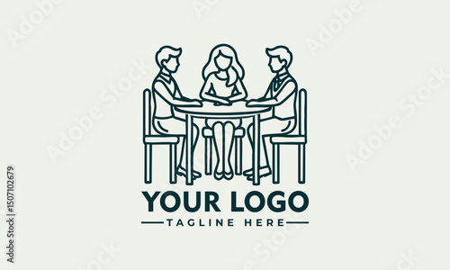 Minimalist line art of three people having a discussion around a table, collaborative meeting or teamwork concept

