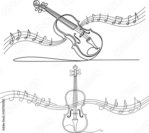 Violin and Music Notes Line Art Set for Classical Music Design