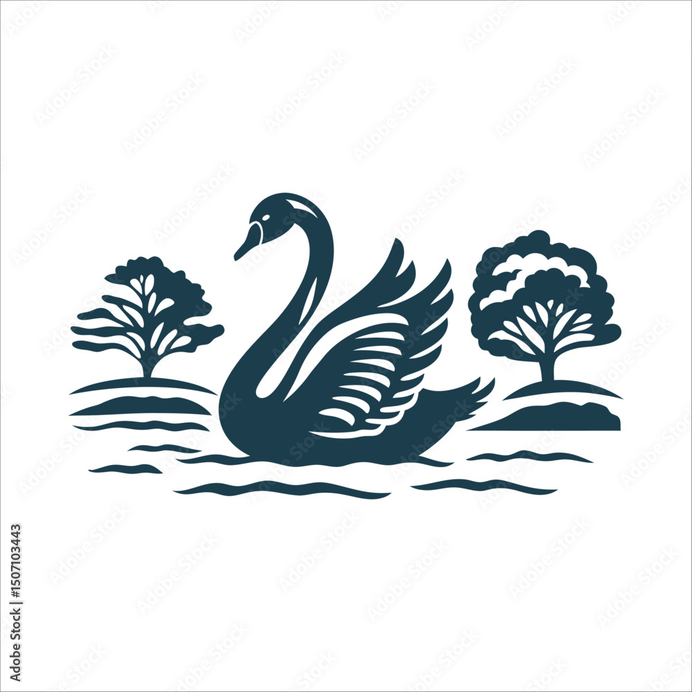 Fototapeta premium Stylized Black Swan Illustration with Trees