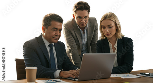 Professional Team in Business Meeting Using Laptop on Transparent Background