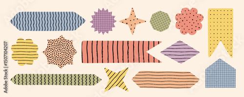 Neutral abstract note, shape, sticker, and bookmark collection with hand drawn pattern. Ideal for paper design, memo decoration, diary elements, scrapbook projects, and creative vector graphics