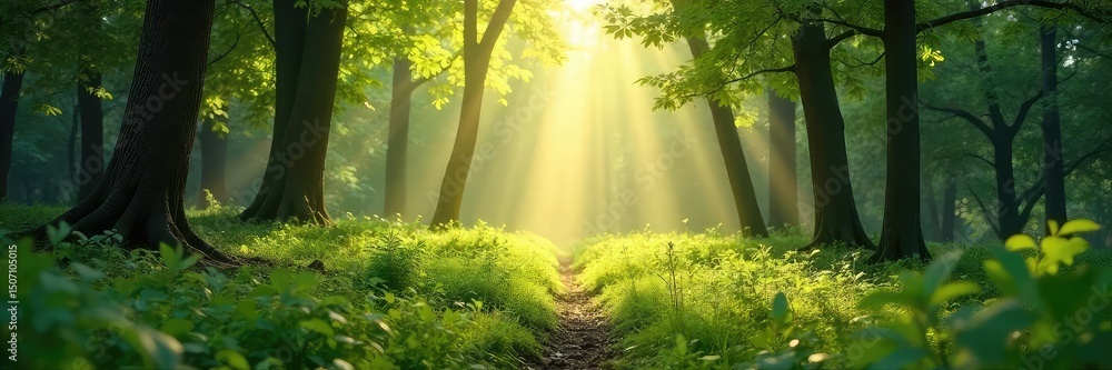 Fototapeta premium Serene forest scene bathed in sunlight, perfect for mindful reflection and nature meditation Leaves gently sway in the breeze, creating a calming atmosphere , healthy, balance