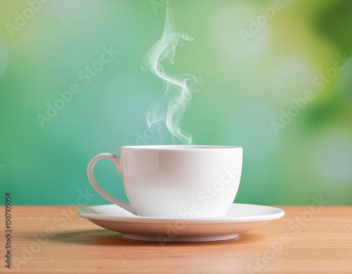 slightly steaming tea cup on a table, tea cup white, table petrol colors, background subtle green