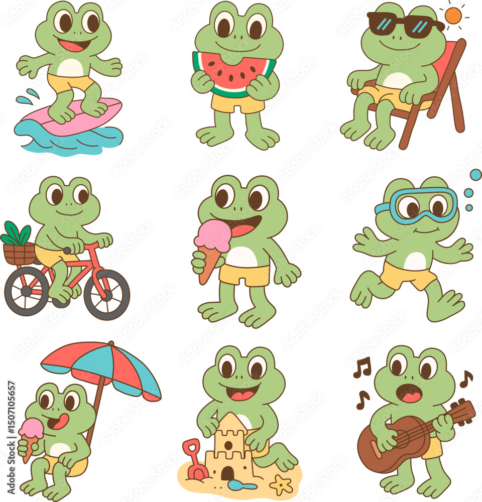 Obraz premium Cute frogs enjoying summer activities like surfing, biking, and playing music