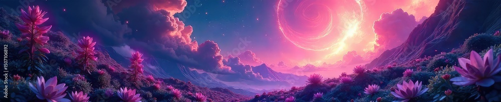 Fototapeten   - Vast, swirling nebulae of vibrant colors illuminate fantastical alien plant life, glowing with bioluminescence in a breathtaking cosmic landscape , interstellar plants, fantasy, universe #1507106892