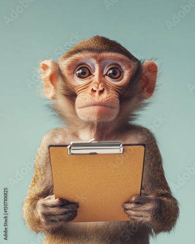A curious Monkey holding a clipboard, showcasing intelligence and playfulness in a vibrant setting.