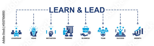 Learn & Lead Banner Web Icon Vector Illustration Concept With Icon Of Leadership, Ideas, Motivation, Training, Business, Team, Success, Growth. Glyph Color Style