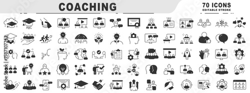 Big set of coaching related black line icons. Editable stroke