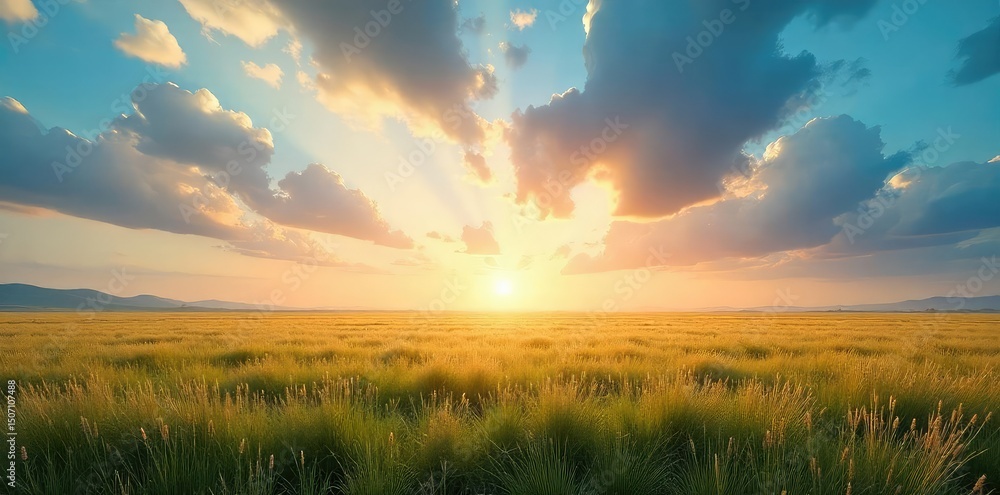 Fototapeta premium Vast, flat expanse of grassland stretching to the horizon under a dramatic sky Perfect for illustrating concepts of openness, freedom, and the natural world , agriculture, open space