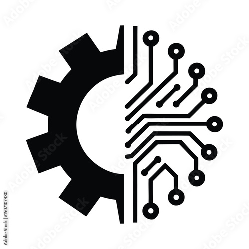 Technology Integration Icon – Gear and Circuit Board Fusion Representing AI, Automation, Industry 4.0, Machine Learning, and Digital Innovation