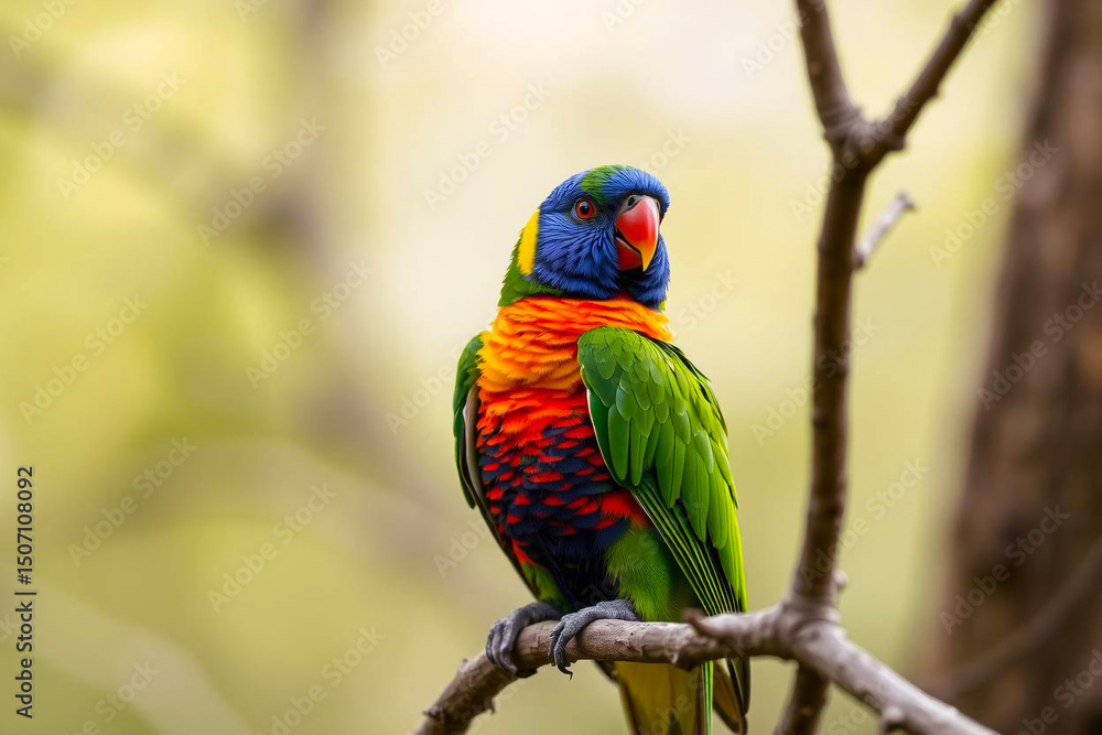 Obraz premium Vibrant Rainbow Lorikeet Perched on a Tree Branch, Displaying Its Brilliant Multicolored Plumage in a Lush Tropical Setting, Vibrant Wallpaper