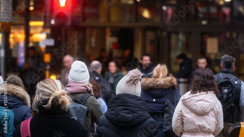 Birmingham, West Midlands, United Kingdom, 13th february 2025. Street Photography in Birmingham City Centre, anonymous people waiting to cross the road. 