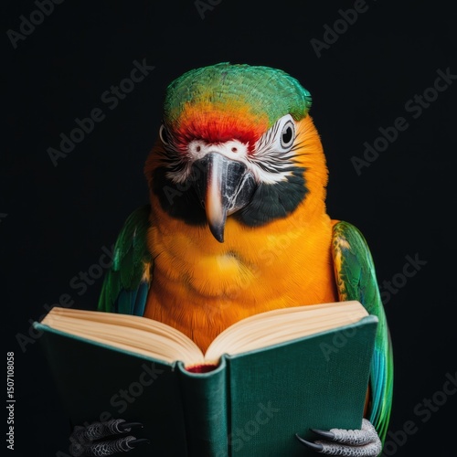 A vibrant Parrot reading a tiny book like it's deep in thought, showcasing curiosity and intelligence in a playful and colorful manner.