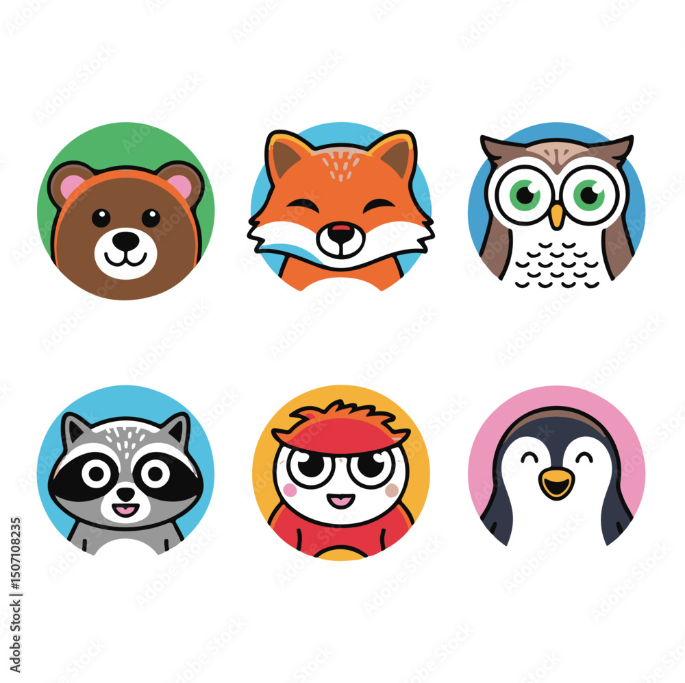 Round Face Animal Icons – Fox, Bear, and Penguin Collection Round Face Animal Icons – Fox, Bear, and Penguin Collection