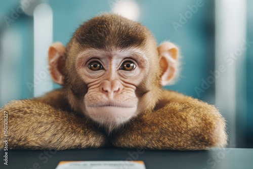 Monkey staring at a gym membership card but refusing to work out, Adorable young monkey with expressive eyes and soft fur, resting peacefully. A perfect representation of curiosity in nature.