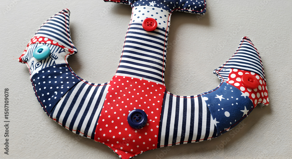 Obraz premium Nautical-themed padded anchor decor with fabric patterns and button accents