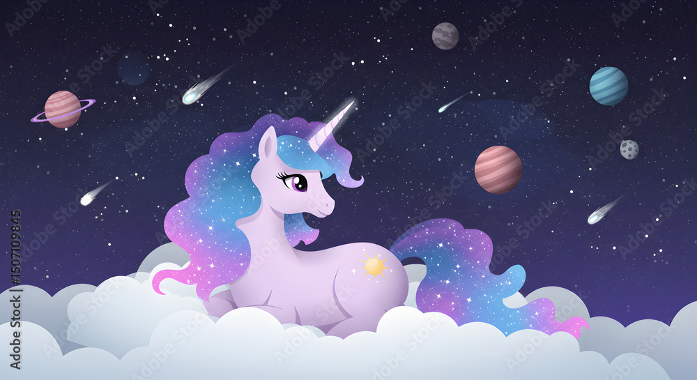 Fototapeta premium Dreamy Unicorn in a Stellar Galaxy, Celestial Illustration