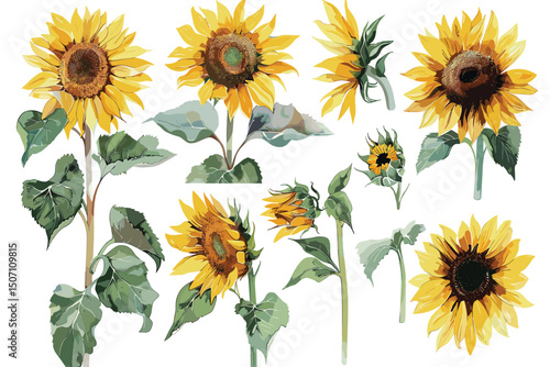 Watercolor hand-painted sunflower elements set, Autumn arrangement, Farmhouse rustic fall decor, harvest Thanksgiving clipart. Birthday summer card. Realistic botanical art