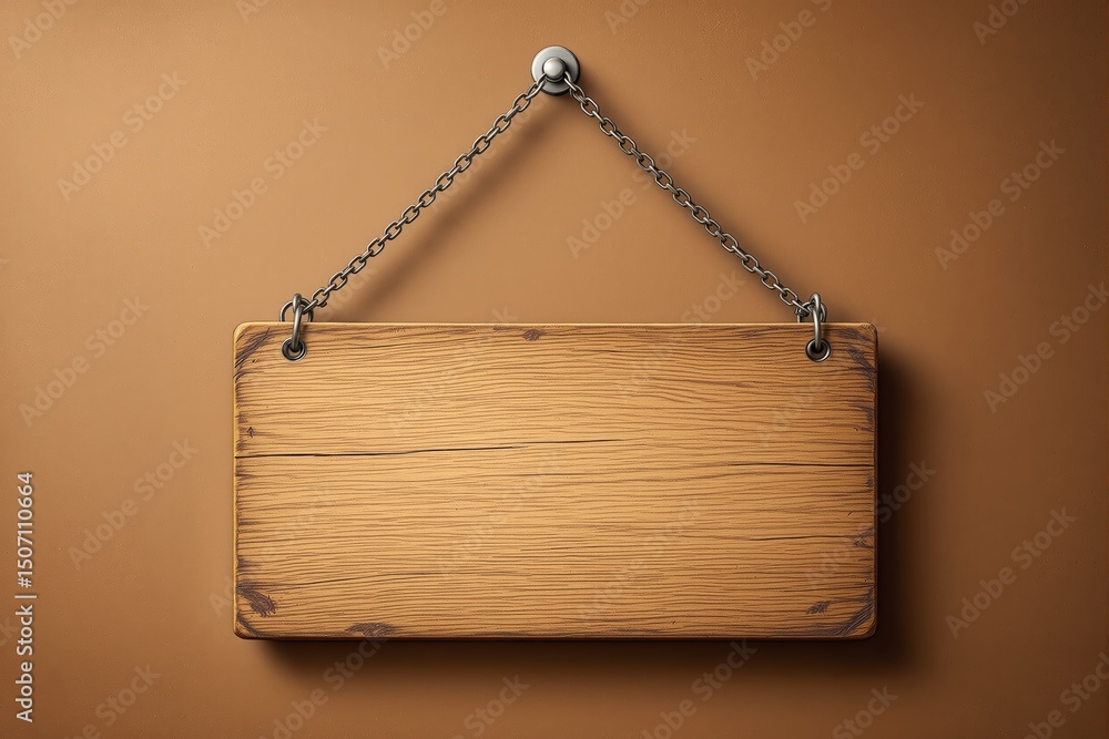 Wooden signboard hanging by metal chain, realistic style, on brown background. Concept of business mockup, copyspace, or advertising design. Ai generative Wooden signboard hanging by metal chain, realistic style, on brown background. Concept of business mockup, copyspace, or advertising design. Ai generative