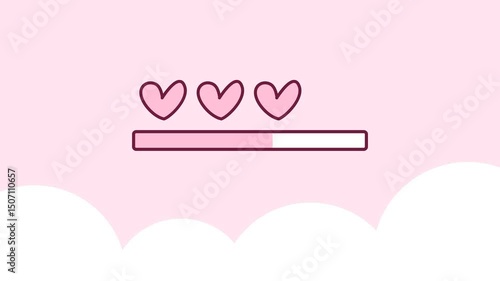Pink color loading bar with heart. Kawaii style background with clouds.