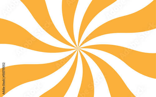 Abstract high energy background featuring a radial burst pattern with alternating curved rays. Smooth, wavy orange rays spiraling rays form symmetrical, hypnotic effect with a sunburst or pinwheel 