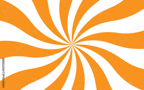 Abstract high energy background featuring a radial burst pattern with alternating curved rays. Smooth, wavy orange rays spiraling rays form symmetrical, hypnotic effect with a sunburst or pinwheel 
