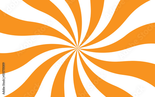 Abstract high energy background featuring a radial burst pattern with alternating curved rays. Smooth, wavy orange rays spiraling rays form symmetrical, hypnotic effect with a sunburst or pinwheel 