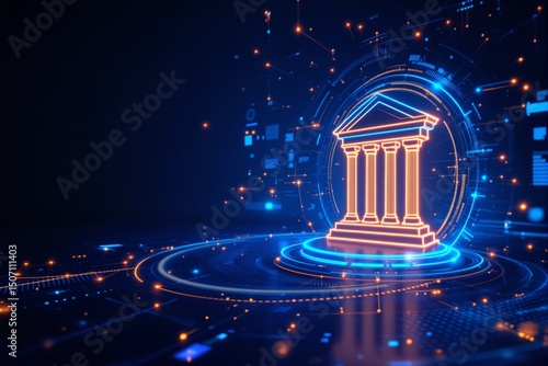 Glowing digital bank icon with futuristic circuit design on abstract cyber background, representing finance, business technology, and innovation. Ai generative