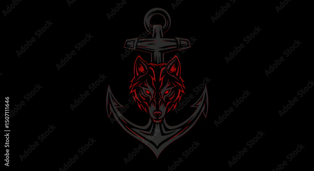 Bold Wolf Head Inside Anchor Emblem Representing Tenacity and Grit in Dark Setting Bold Wolf Head Inside Anchor Emblem Representing Tenacity and Grit in Dark Setting