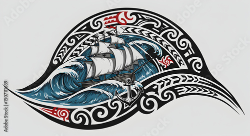 Illustration of a Polynesian-inspired ship sailing through tumultuous ocean waves
