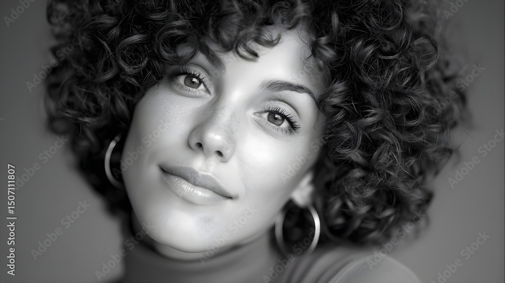 Close-up portrait of a woman with curly hair in monochrome Close-up portrait of a woman with curly hair in monochrome