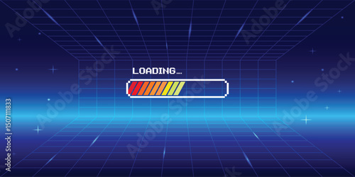 LOADING. pixel art. 8 bit. retro game. for game assets in vector illustrations. Retro Futurism Sci-Fi Background. glowing neon grid and star from vintage arcade computer game.
