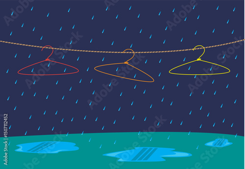 Wet Season Concept. Rainy Outdoors. Hangers on Rope. Editable Clip Art.