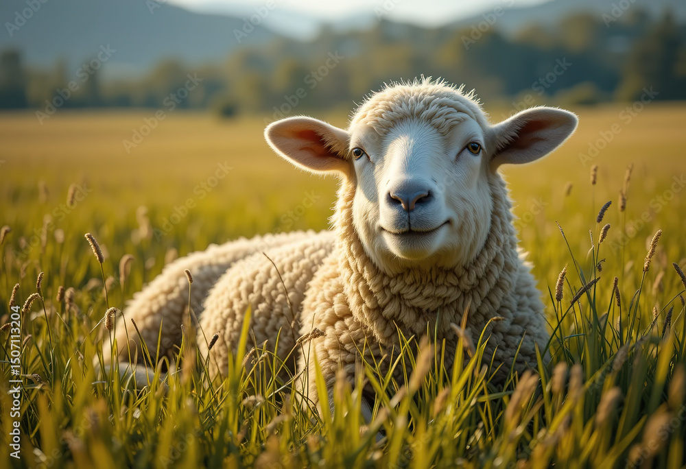 Obraz premium Smiling Sheep Relaxing in a Green Field