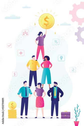 Profit, financial success. Business people forming pyramid and woman leader holding golden coin. Multiethnic businessmen team with giant profitable income.