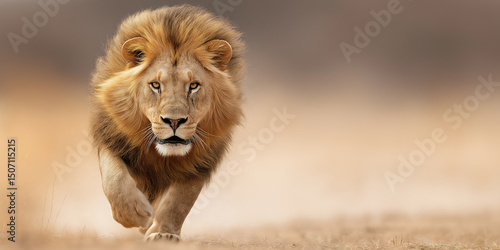 A lion hunting in the African savannah, panoramic wildlife wallpaper with copy space for text.