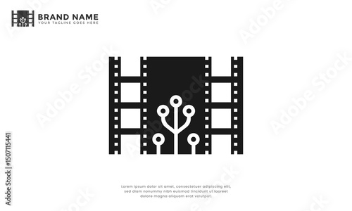 Tech Cinema Logo. Modern logo combine film strip with tech circuit.