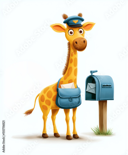 Cute giraffe dressed as mail carrier stands next to blue mailbox, holding letter in its bag, conveying whimsical and cheerful scene